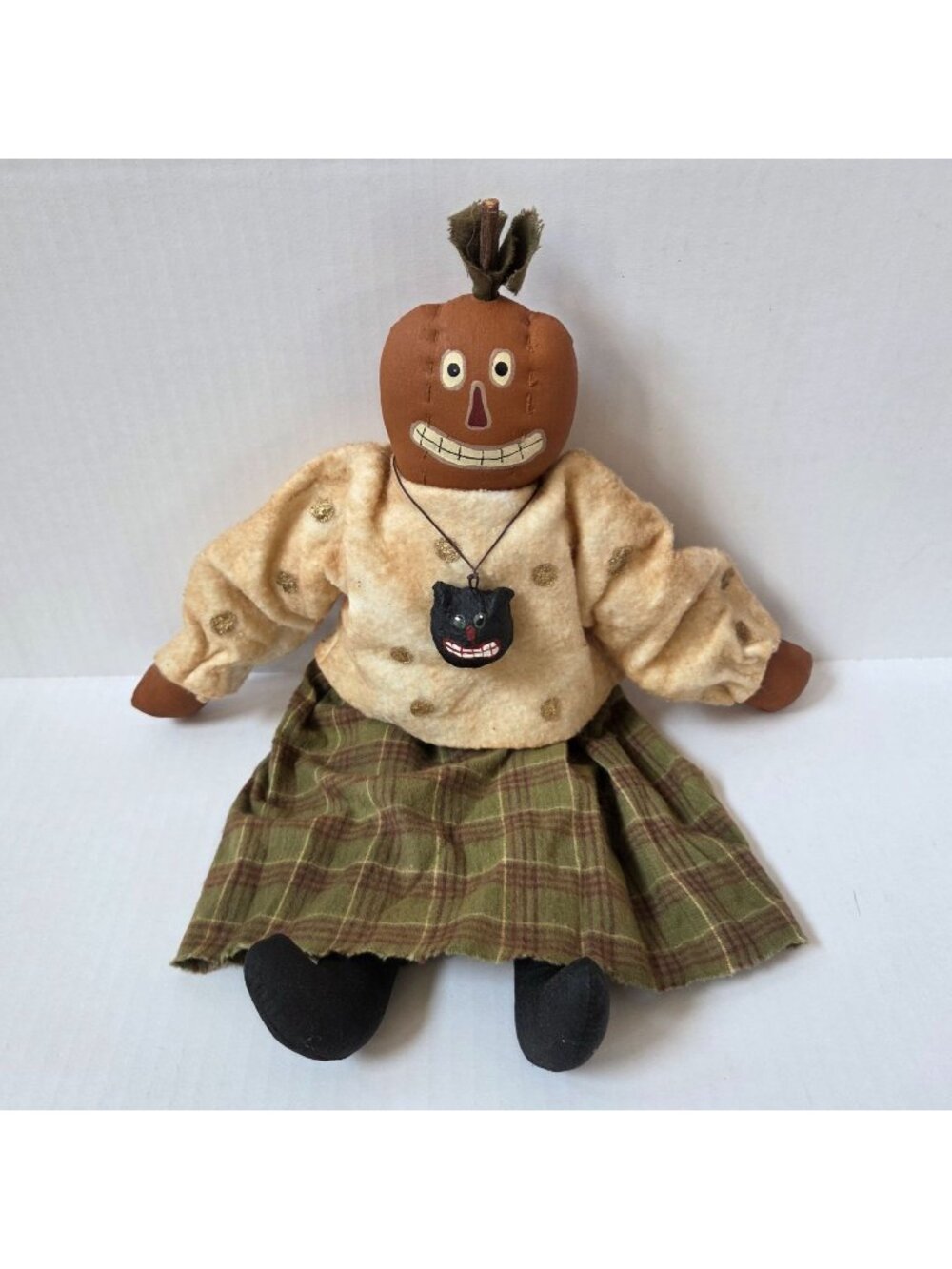 Handmade Primitive Doll Grubby Pumpkin Halloween Folk Art Cat Necklace 17" OOAK